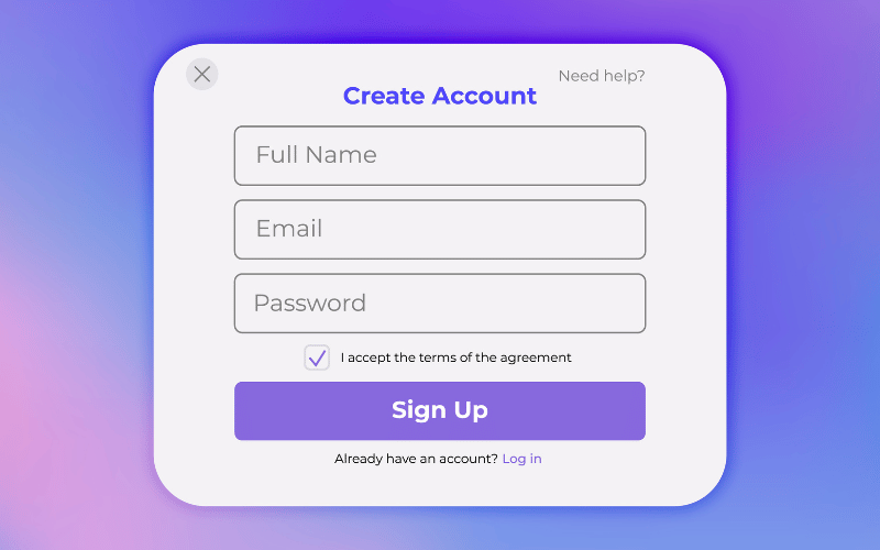 Digital sign-up form interface showing fields for name, email, and password