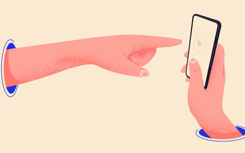 Illustration of a hand pointing at a smartphone screen through a portal