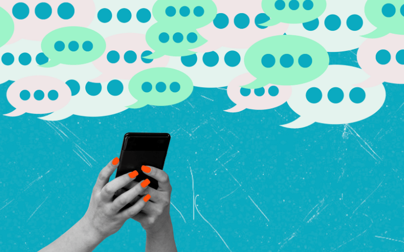 Person using a smartphone surrounded by social media message bubbles