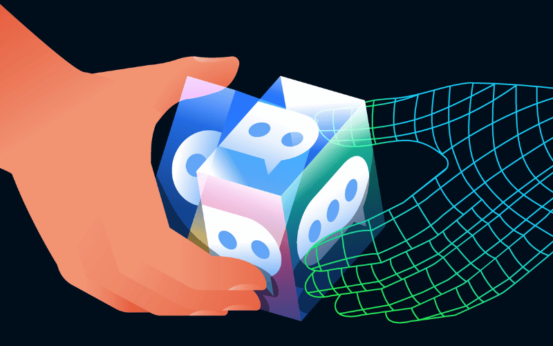 Hand releasing dice into a digital grid representing algorithmic decisions