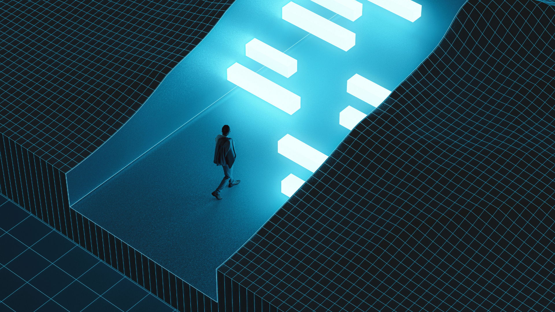 Businessman walking in abstract wire-frame landscape