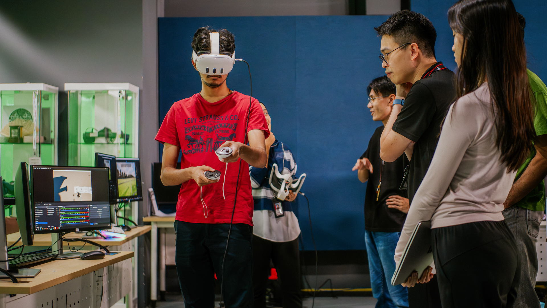 Student wearing a VR headset in the classroom