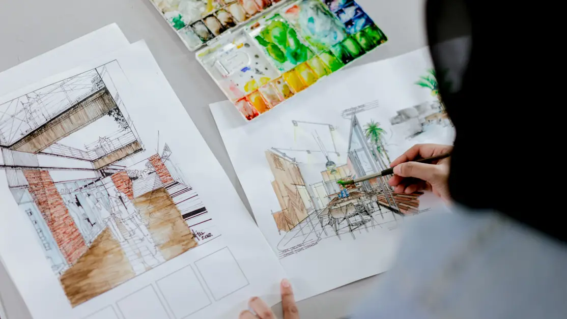 Student draws and colours the building sketch