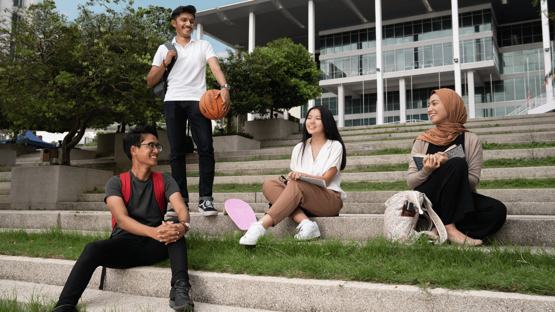 Students hanging out at the outdoor staircase