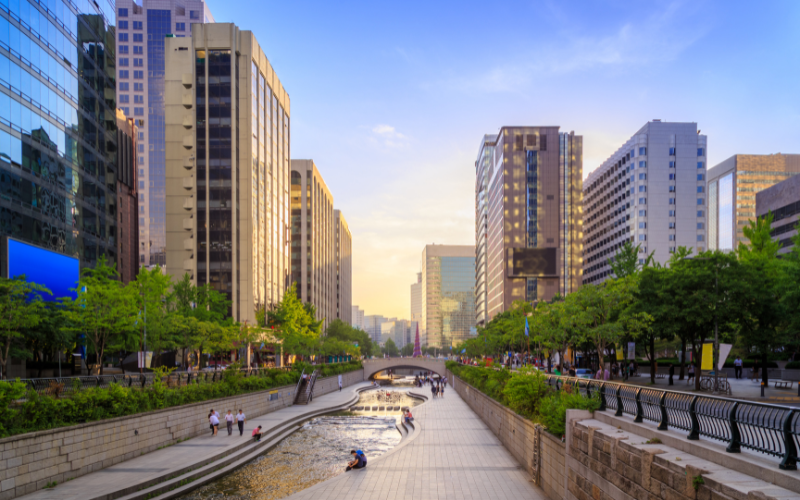 A view of Cheonggyecheon Stream during sunset in Seoul, South Korea