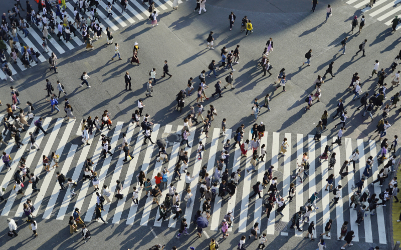 A sea of pedestrians crossing at the Shibuya Crossing in Tokyo, Japan