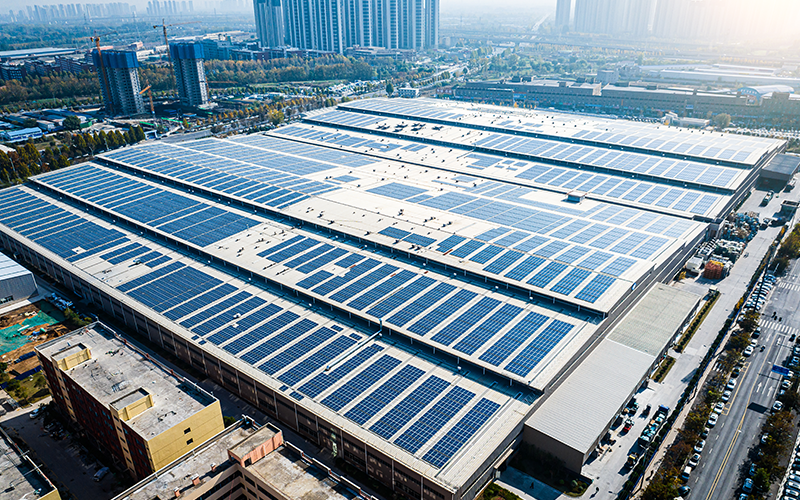 The roof of the factory covered with solar panels